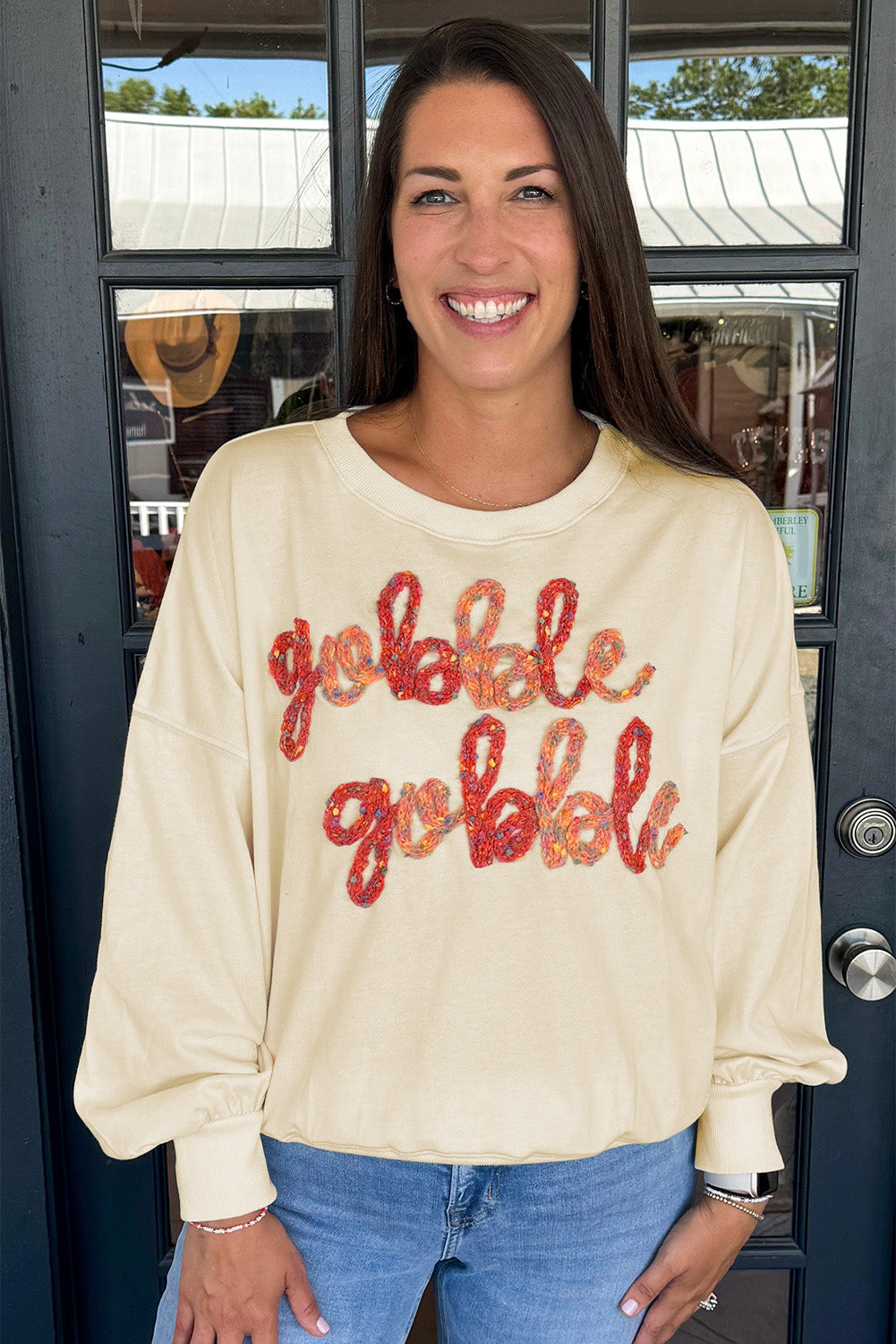 Thanksgiving Gobble Gobble Embroidered Pattern Drop Shoulder Crew Neck Sweatshirt