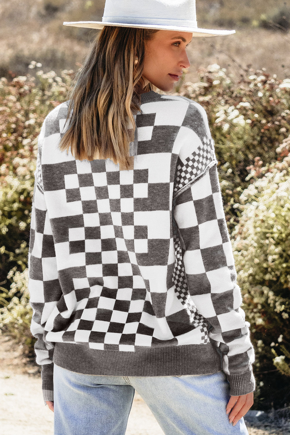 Checkered Print Drop Shoulder Round Neck Sweater