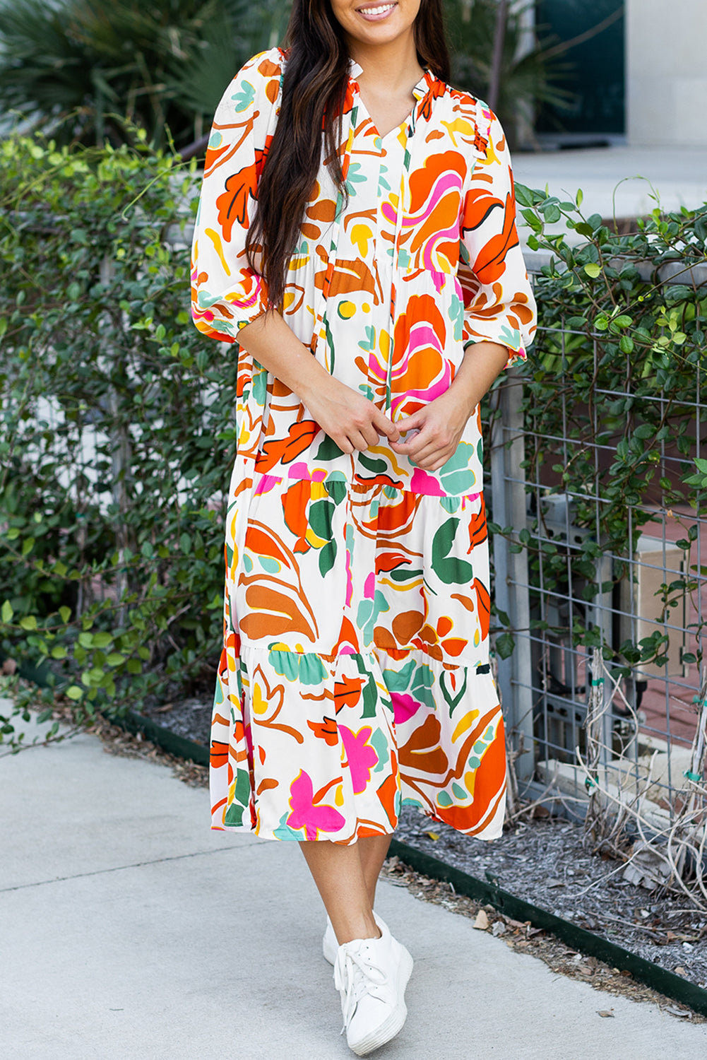 Floral Print Split V Neck Tiered Maxi Dress