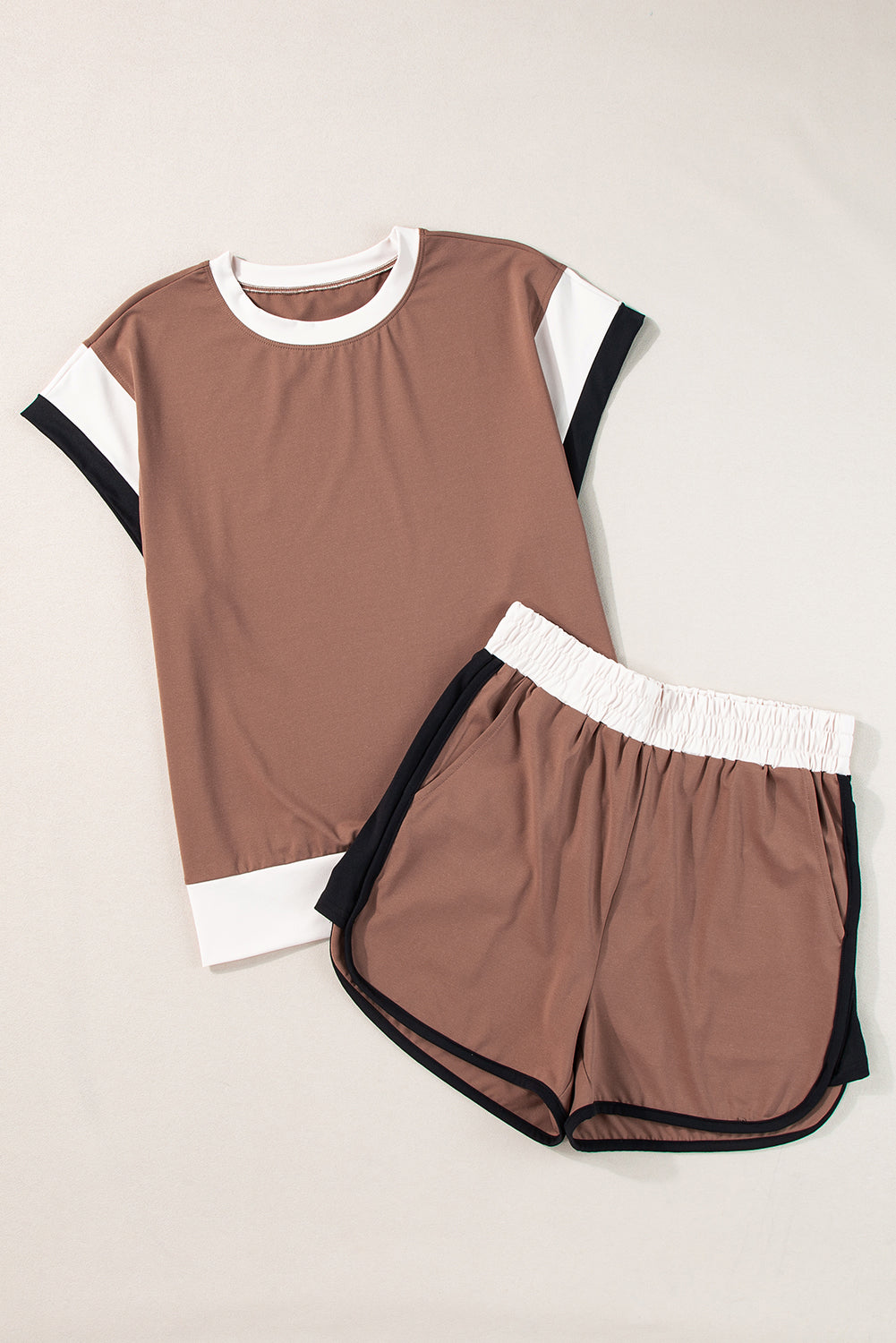 Rose Red Contrast Trim Cap Sleeve Tee Shorts Set