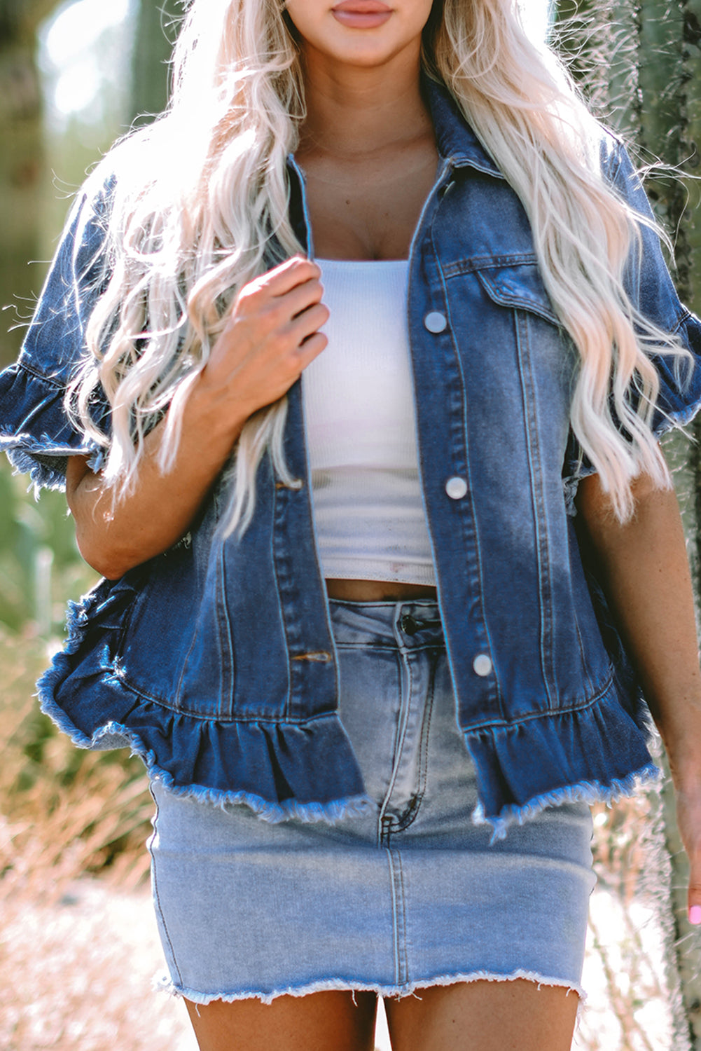 Raw Edge Ruffled Short Sleeve Denim Jacket