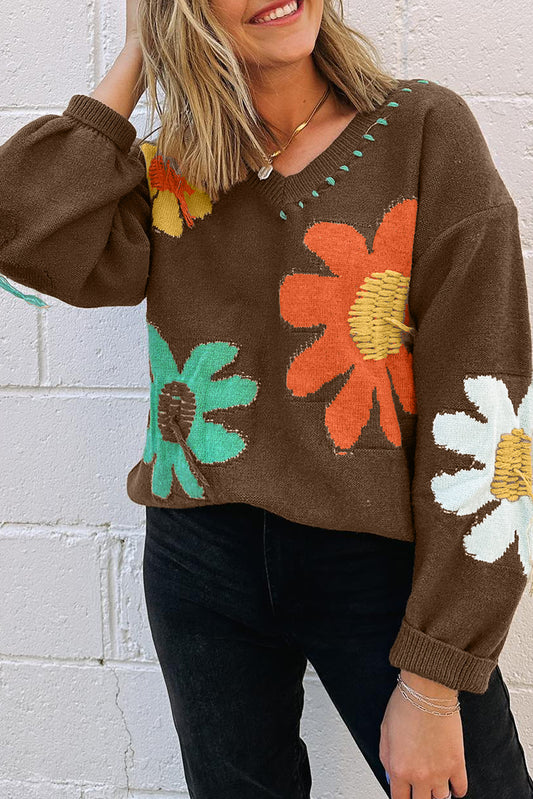 Flower Pattern V Neck Drop Shoulder Sweater