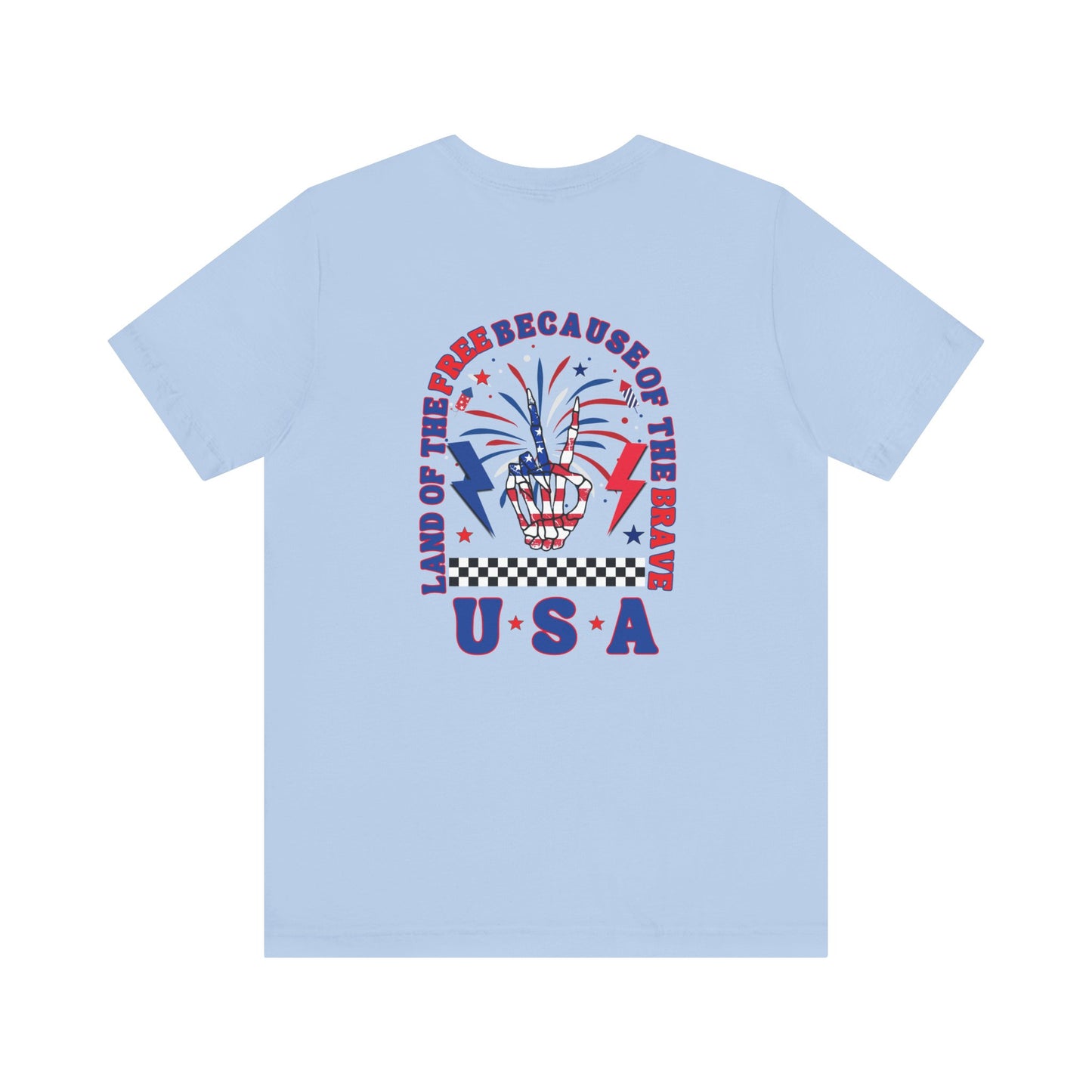 Patriotic Skeleton Peace Hand (Front & Back) Unisex Jersey Short Sleeve Tee