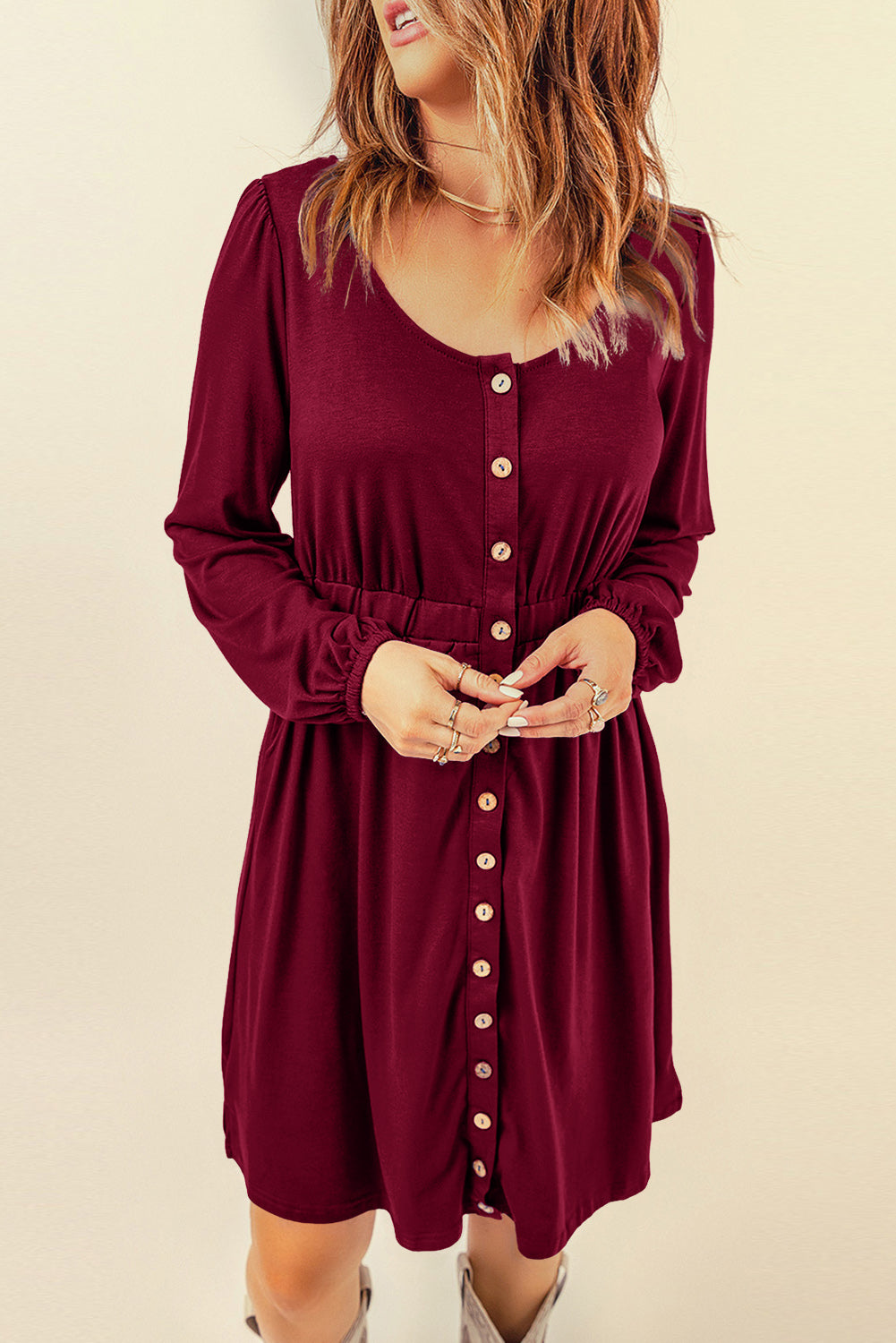 Green Button Up High Waist Long Sleeve Dress