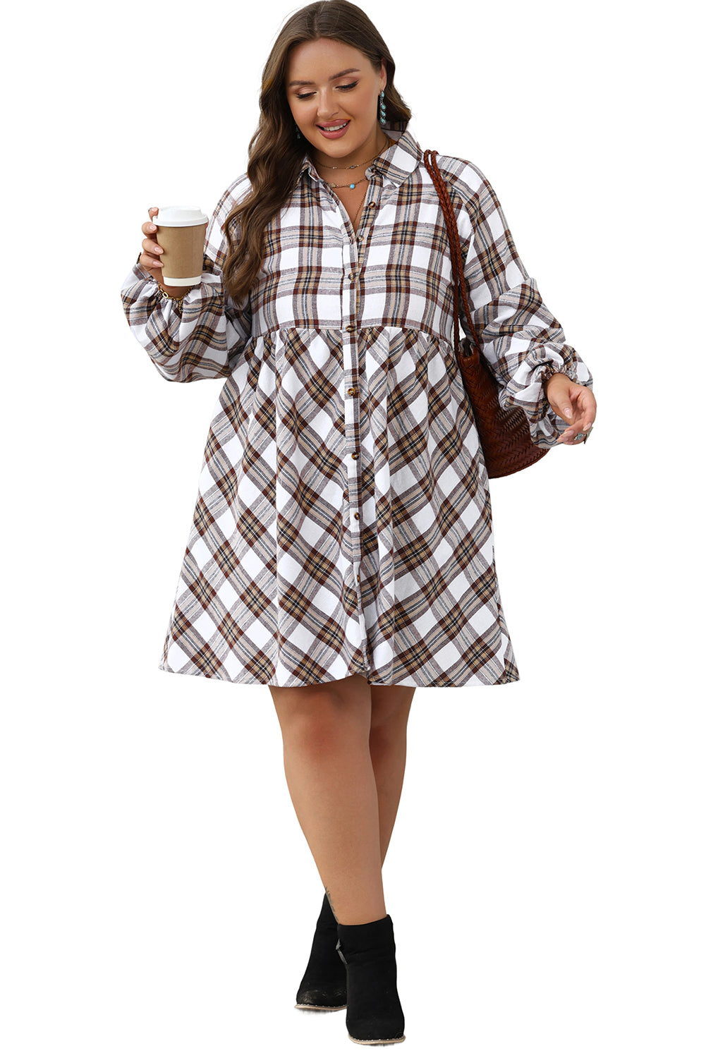 Plaid Bubble Sleeve Flowy Shirt Dress