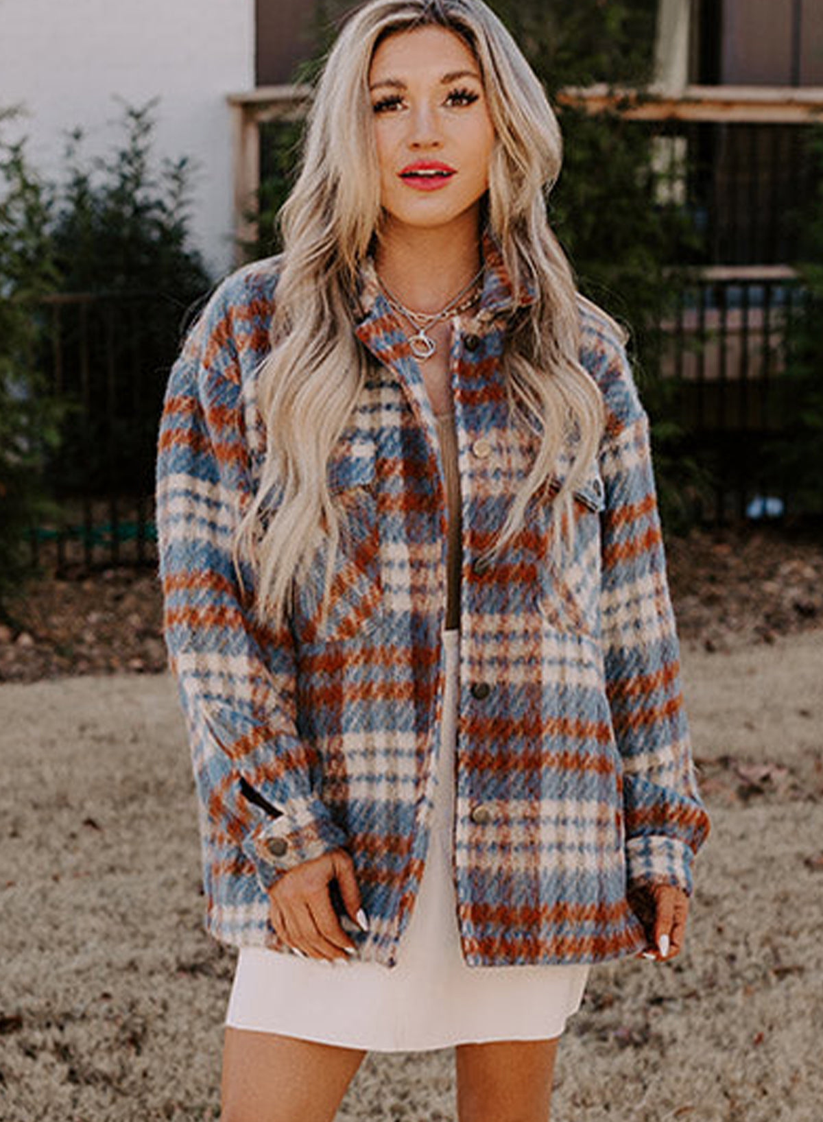 Plaid Print Chest Pockets Turn Down Collar Shacket