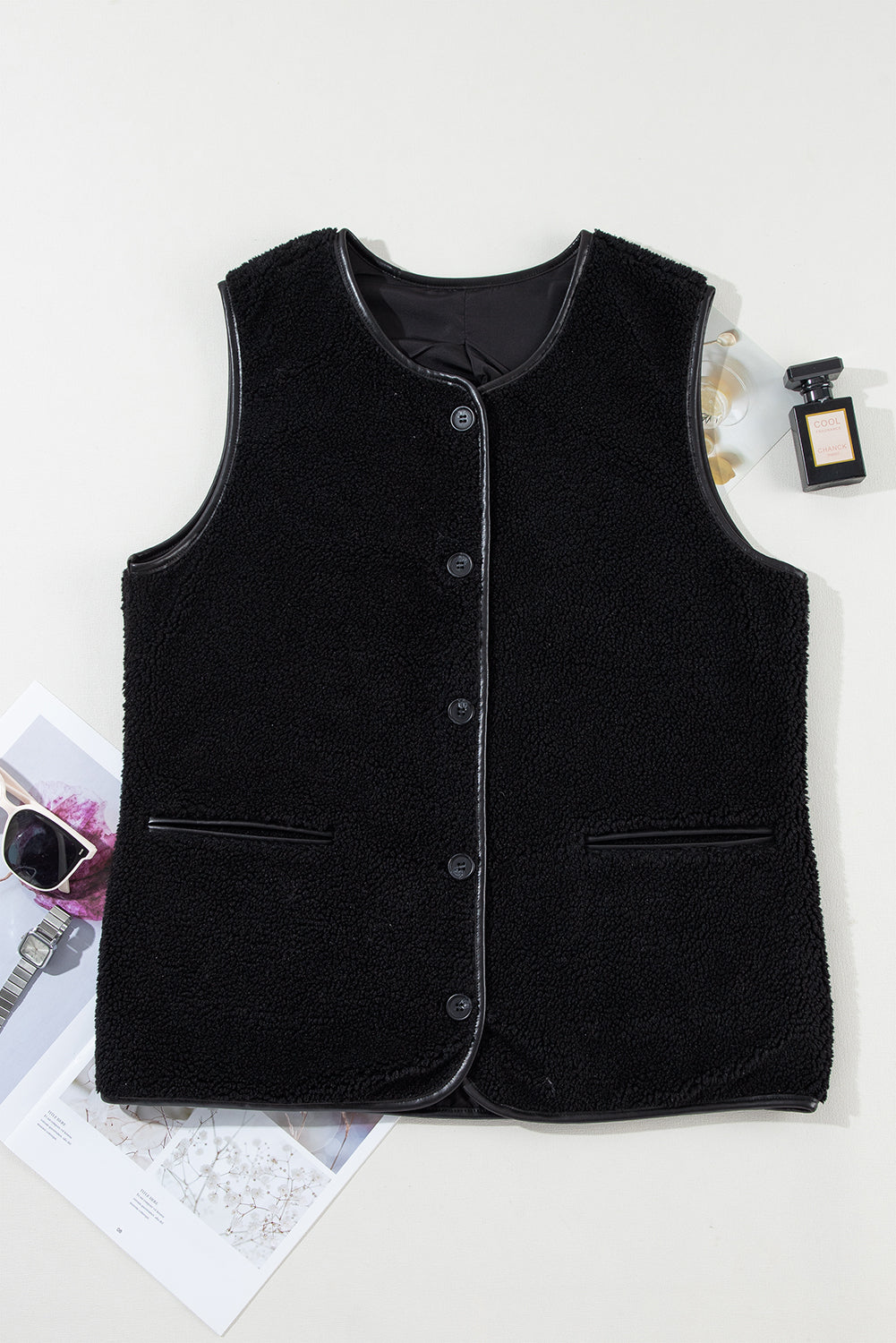 Leather Contrast Side Pockets Buttoned Fleece Vest