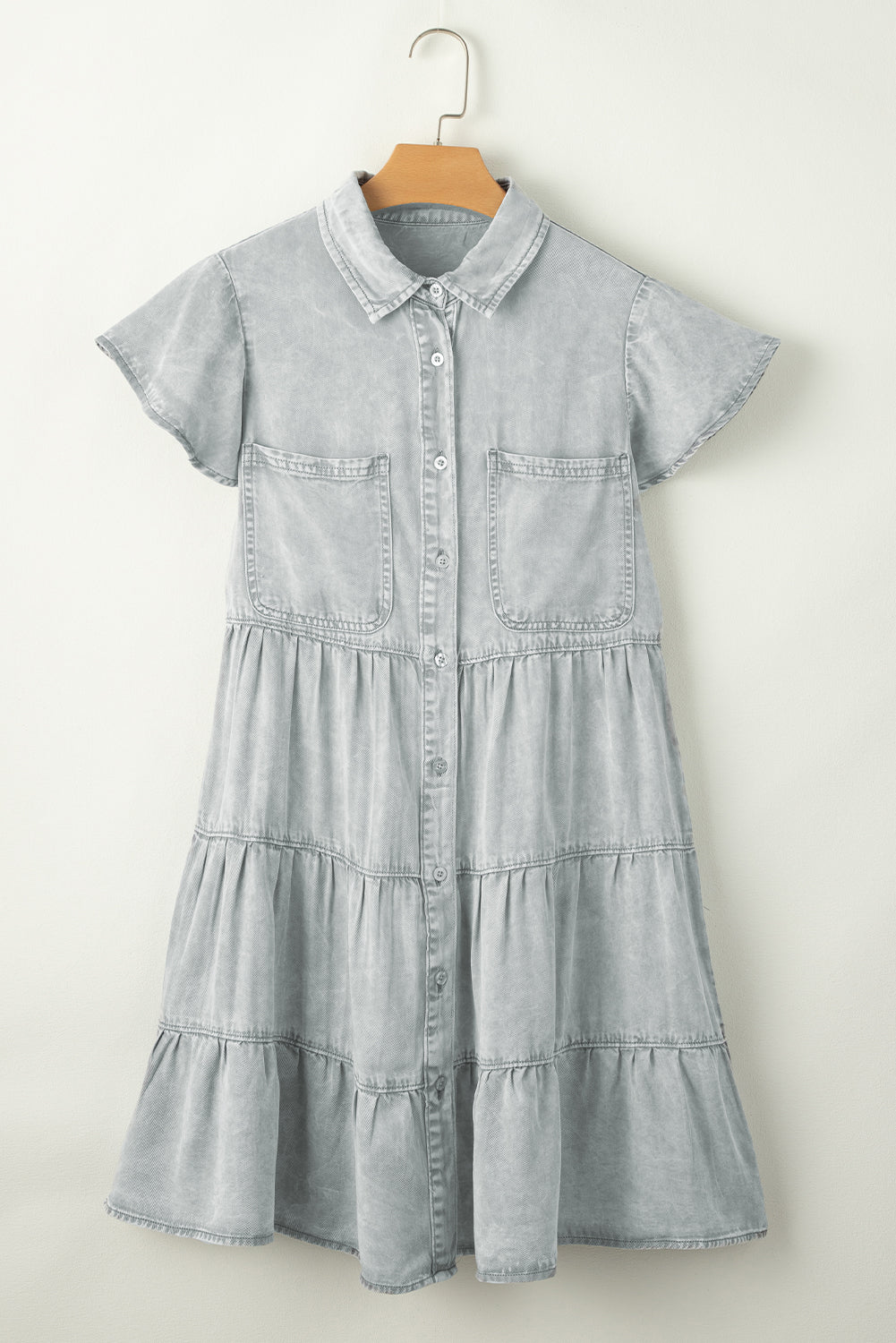 Mineral Washed Ruffle Sleeve Tiered Chambray Dress