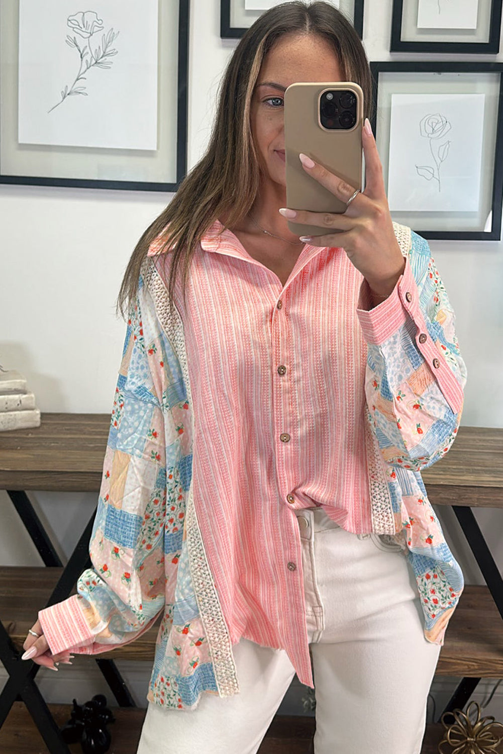 Stripe Floral Patchwork Tunic Loose Fit Shirt