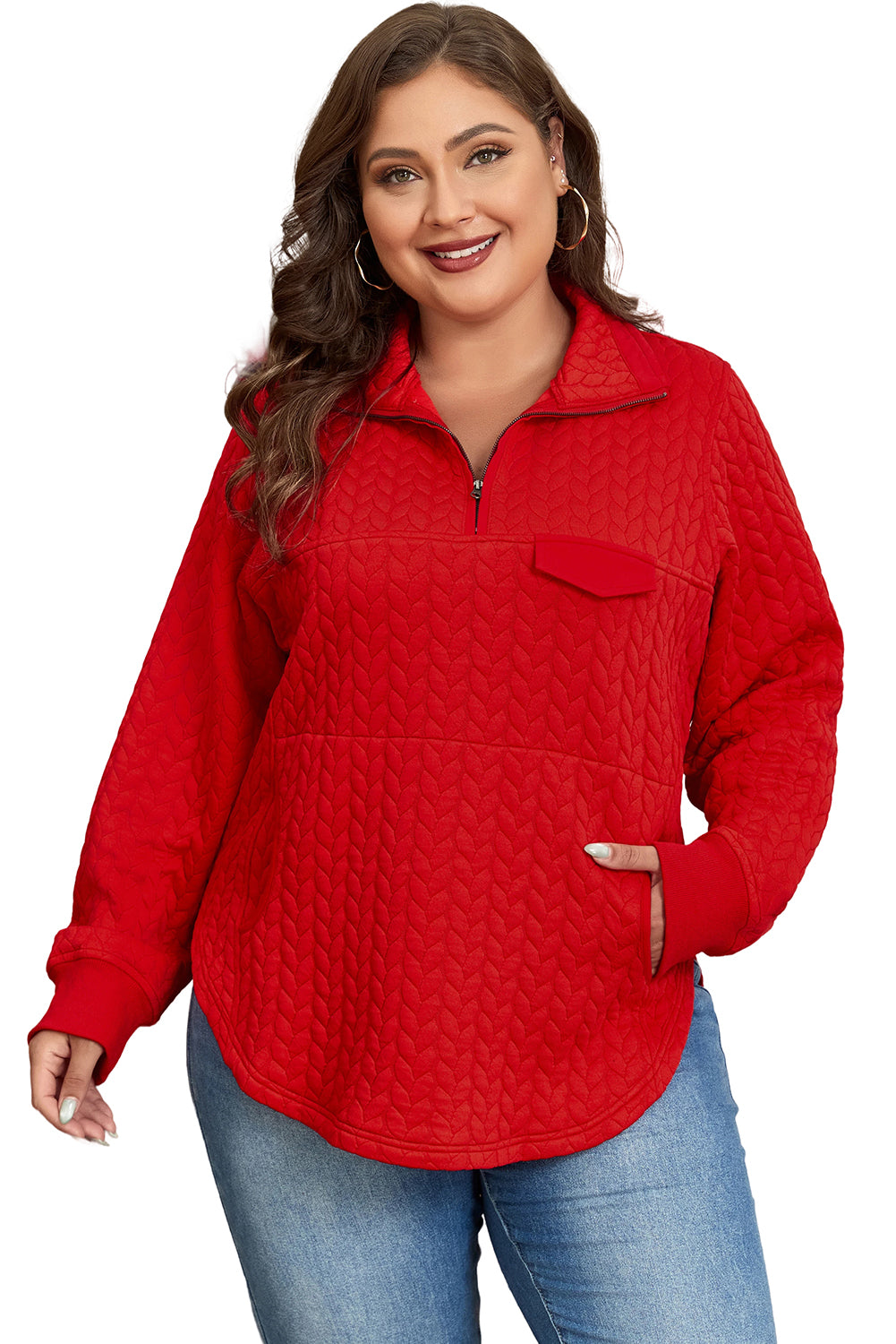 Cable Textured Quarter Zip Pocketed Plus Size Pullover