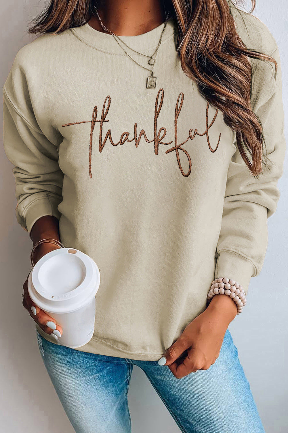 Parchment Thankful Embroidered Drop Shoulder Pullover Sweatshirt