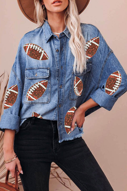 Sky Blue Football Sequin Patchwork Flap Pockets Raw Hem Denim Jacket