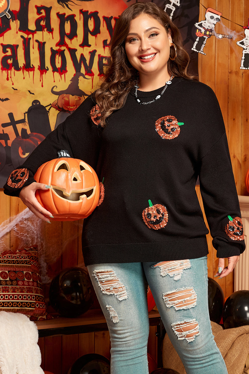 Plus Size Halloween Sequined Pumpkin Pattern Sweater