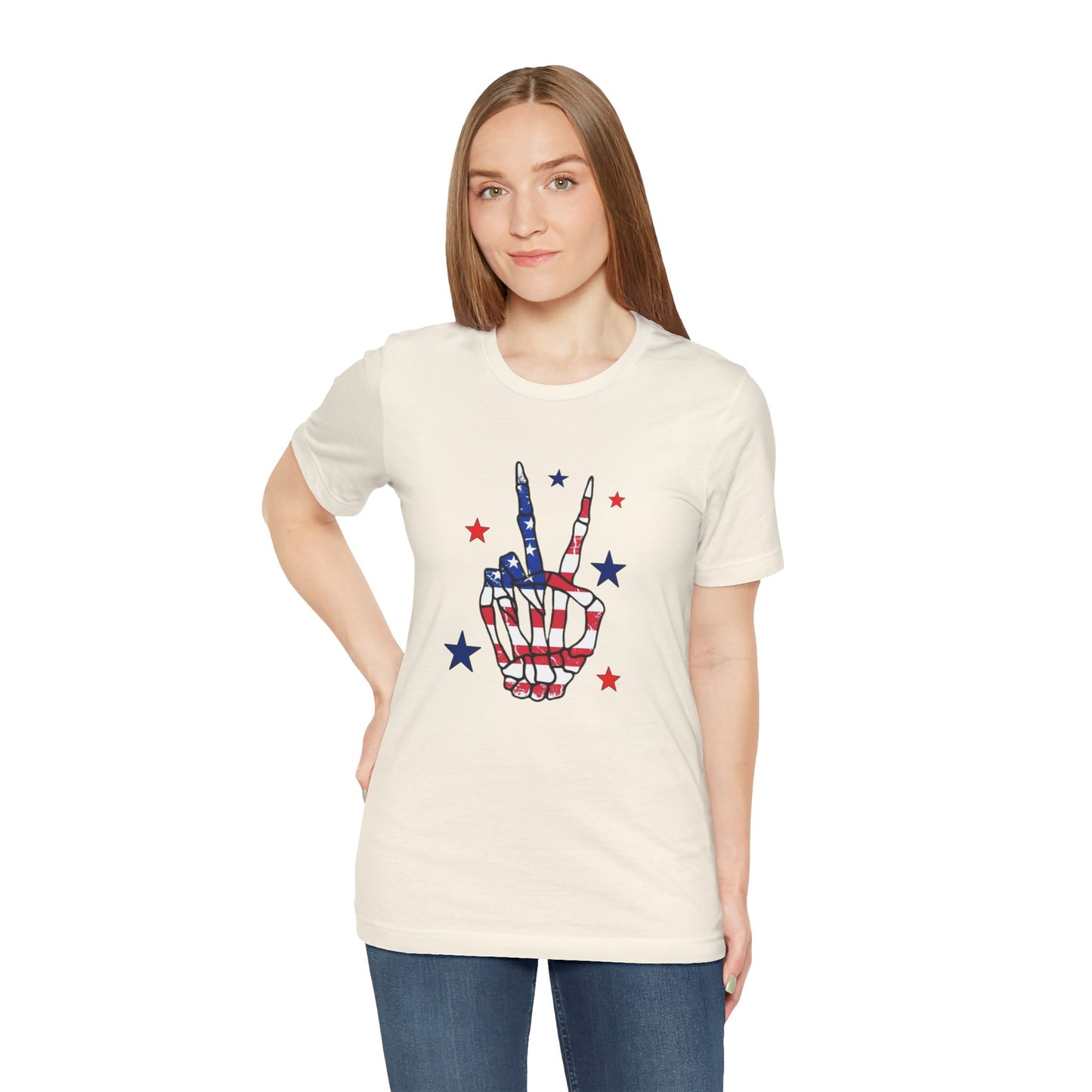 Patriotic Skeleton Peace Hand Unisex Jersey Short Sleeve Tee