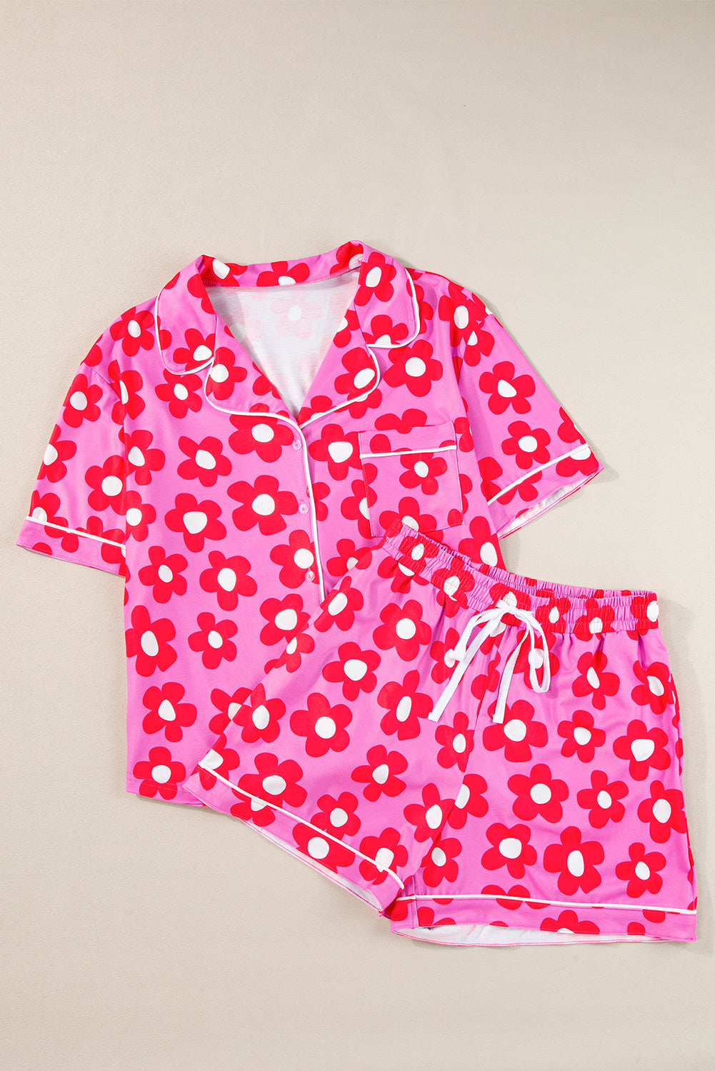 Orange Flower Print Short Sleeve Shirt Pajamas Set