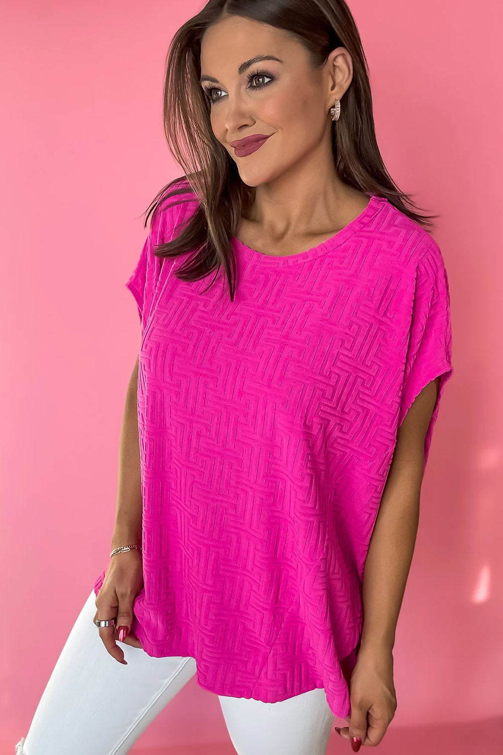 Rose Red Textured Round Neck T Shirt