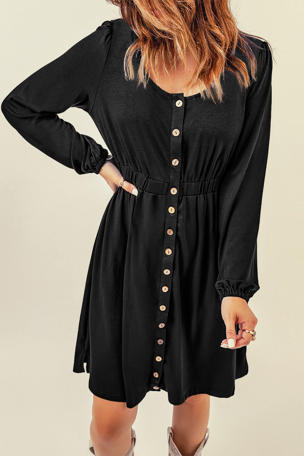 Green Button Up High Waist Long Sleeve Dress