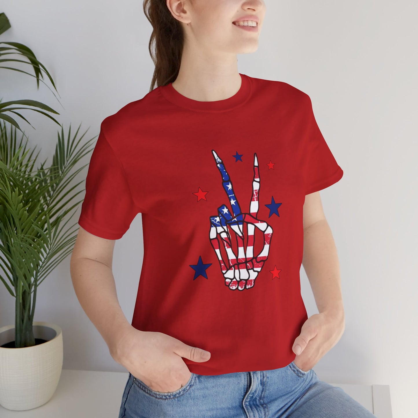 Patriotic Skeleton Peace Hand Unisex Jersey Short Sleeve Tee