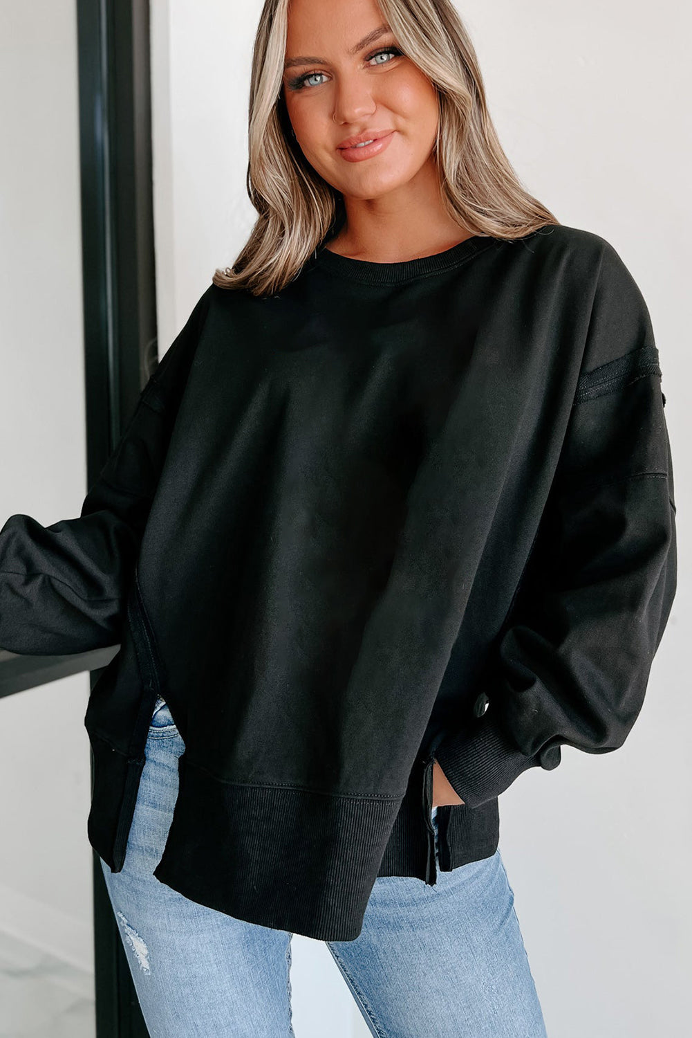 Exposed Seam Drop Shoulder Round Neck Sweatshirt with Slits