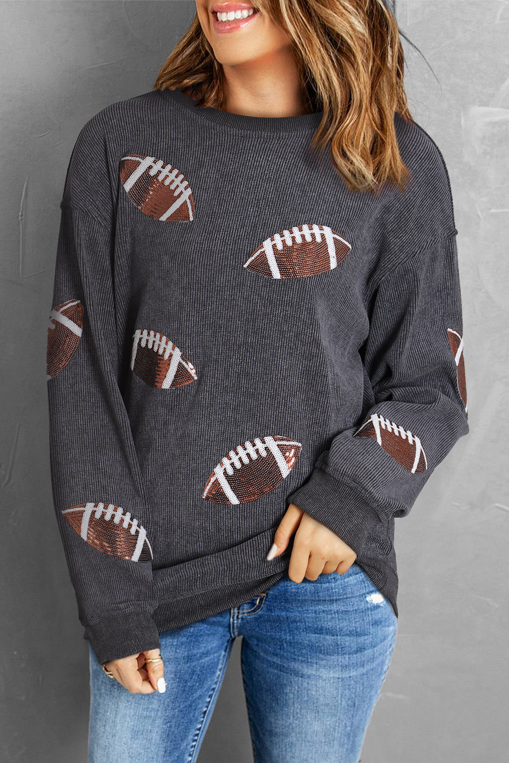 Gray Sequin Football Graphic Corded Baggy Sweatshirt