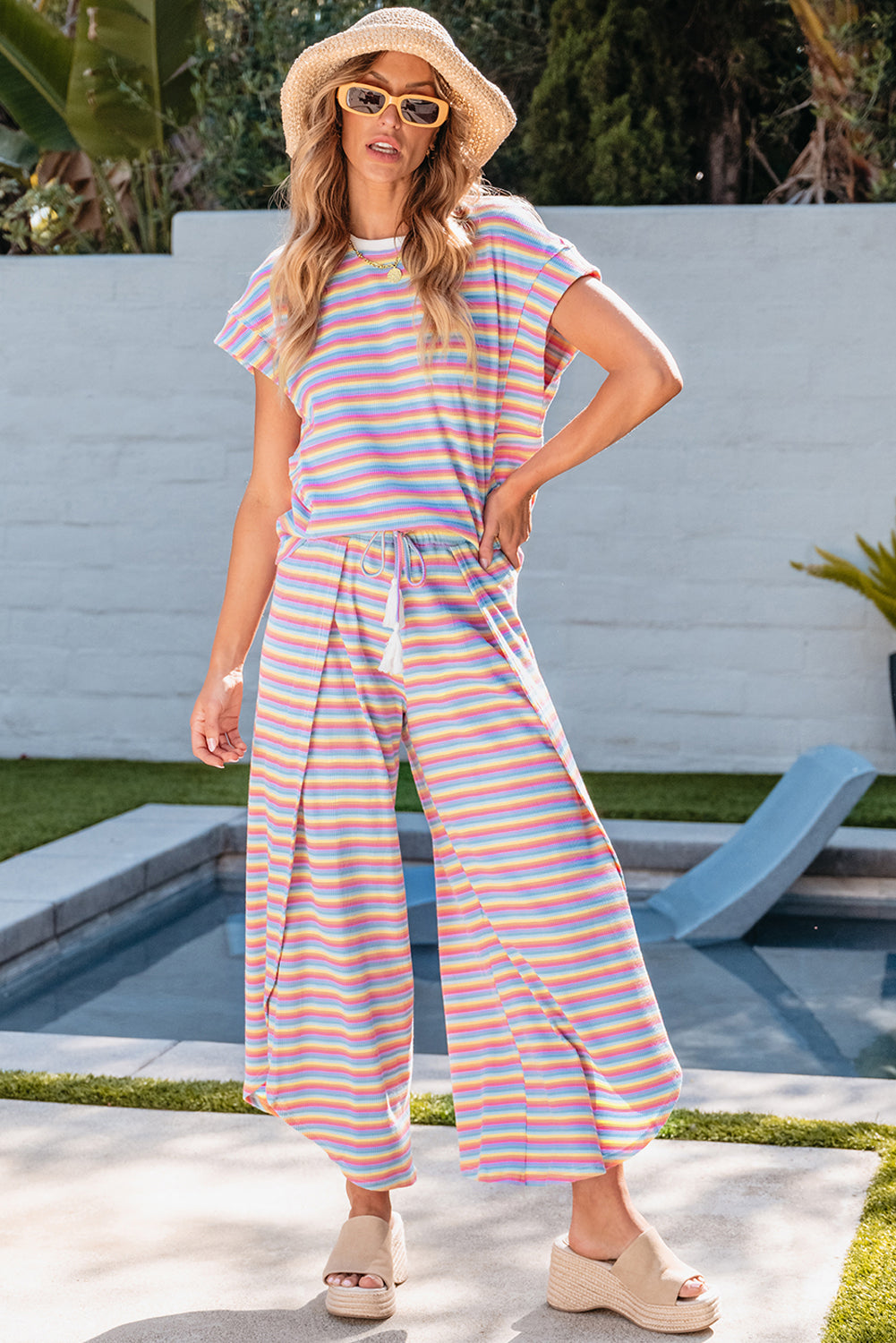 Stripe Tee Tasseled String Wide Leg Pants Set