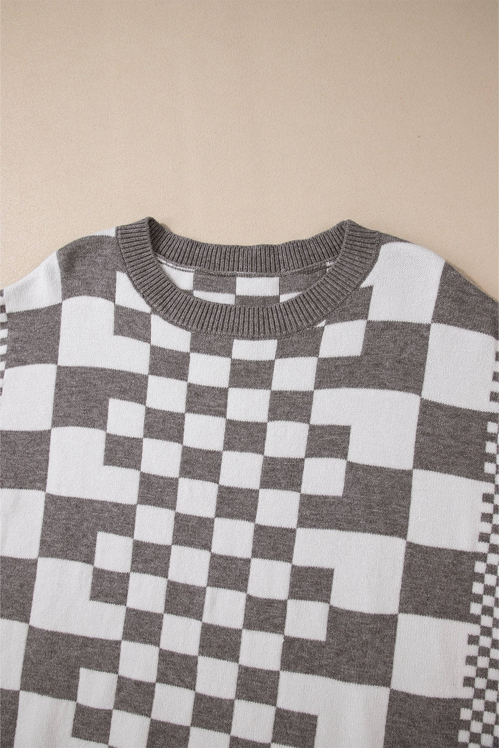 Checkered Print Drop Shoulder Round Neck Sweater