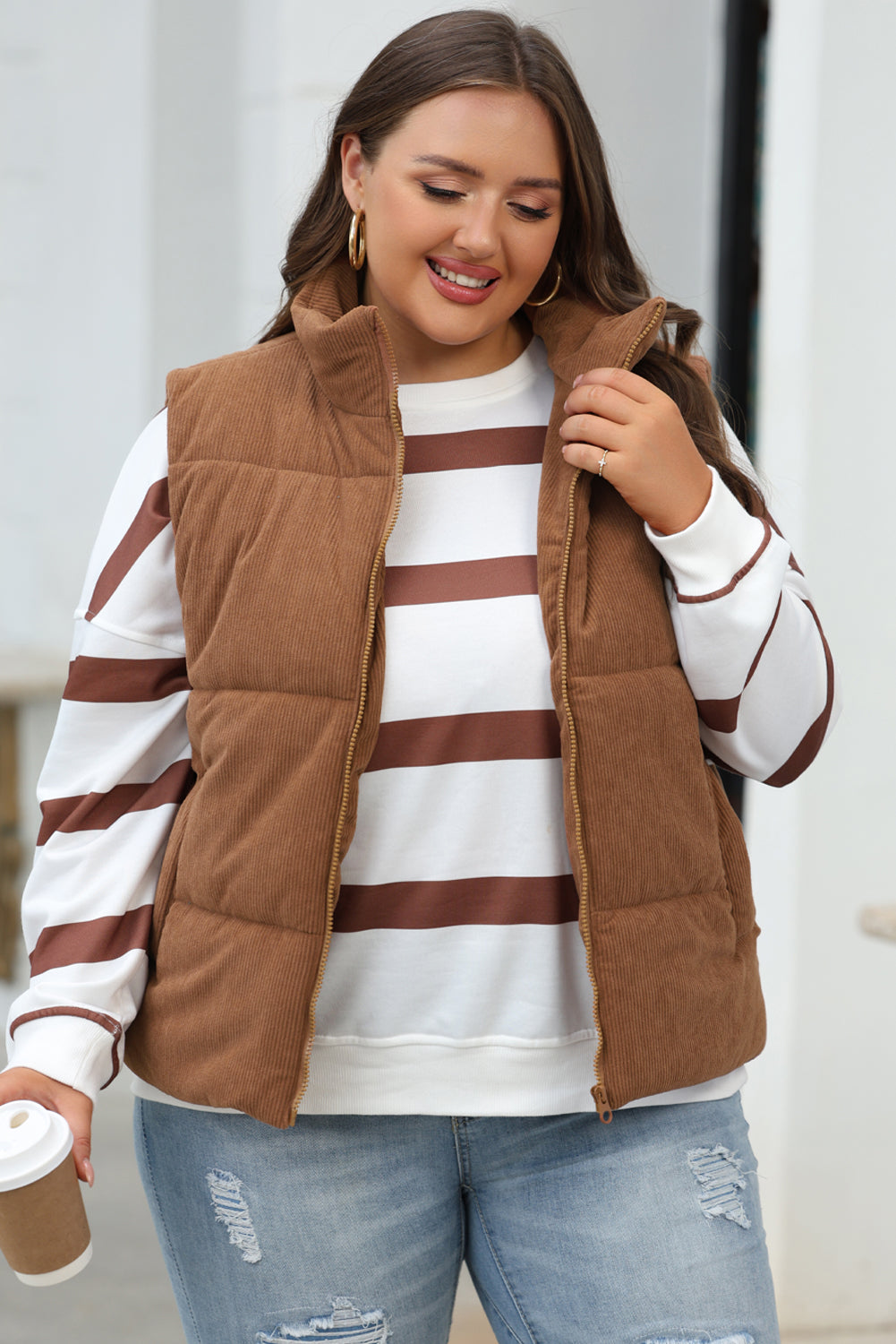 Corduroy Stand Neck Zipped Puffer Vest