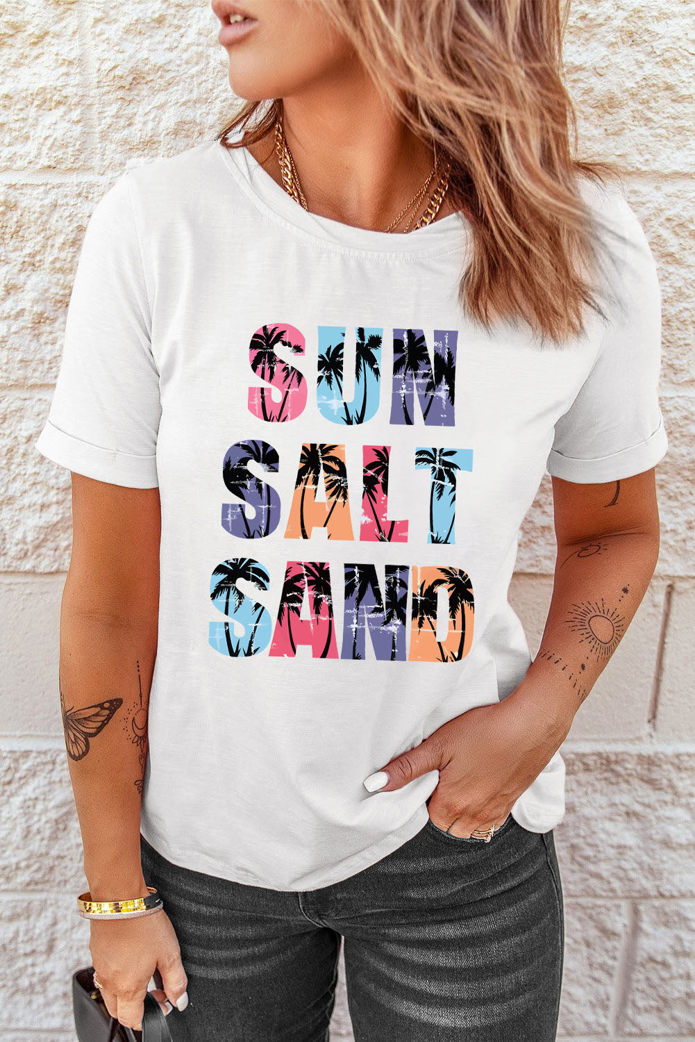 White Coconut Tree SUN SALT SAND Graphic Tee