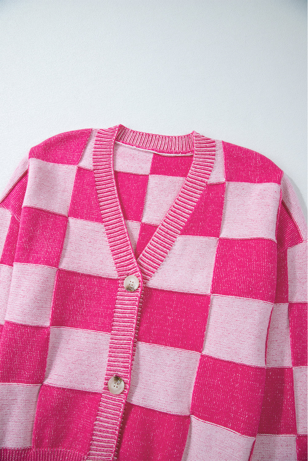 Checkered Drop Shoulder Buttoned V Neck Cardigan