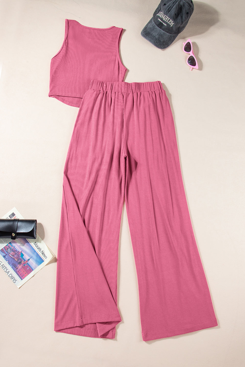 Pink Textured Sleeveless Crop Top and Wide Leg Pants Outfit