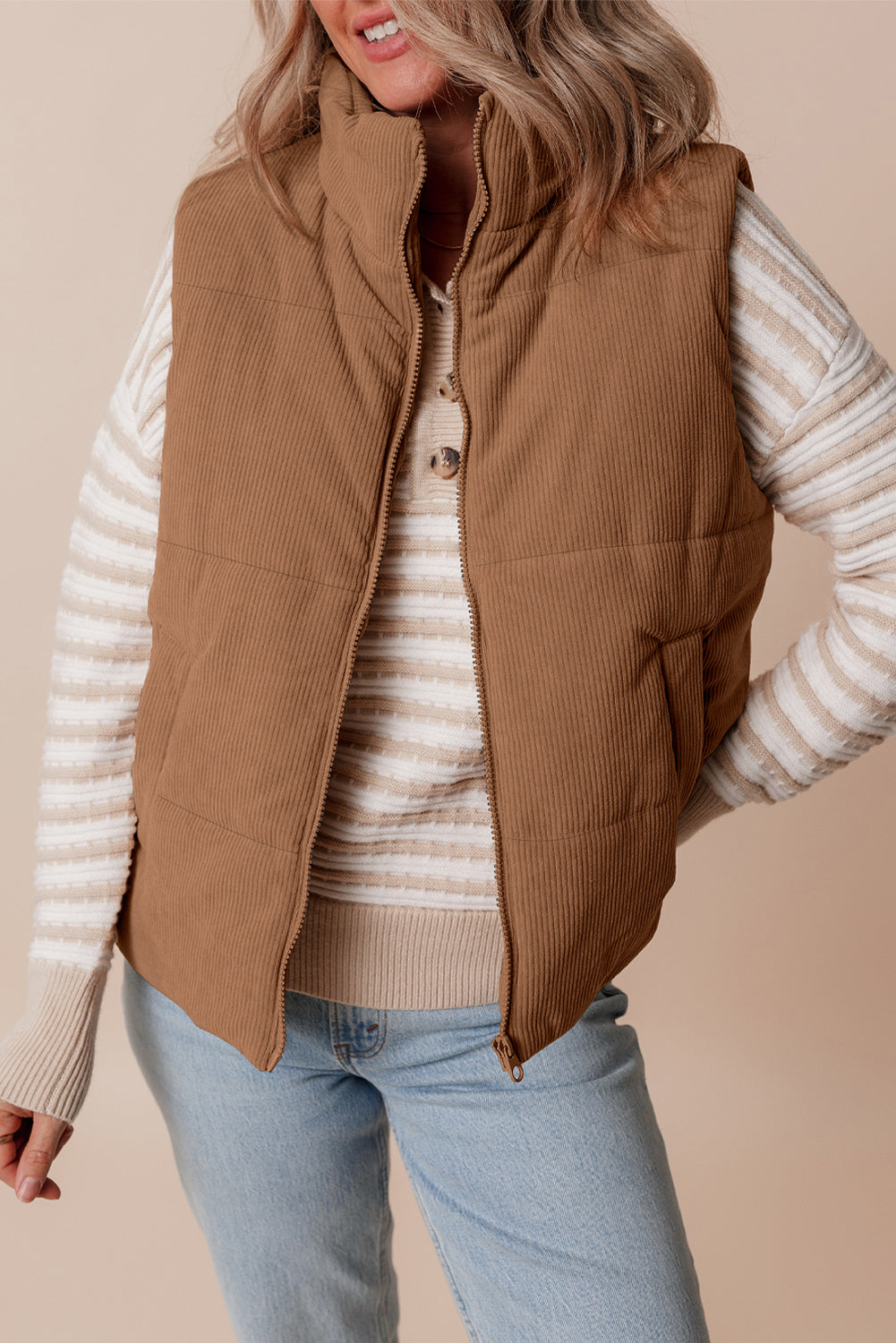 Corduroy Stand Neck Zipped Puffer Vest