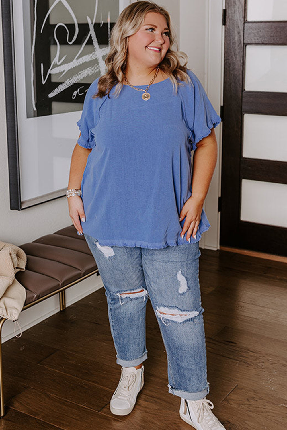 Plus Size Solid Color Short Sleeve Frayed Edge Top