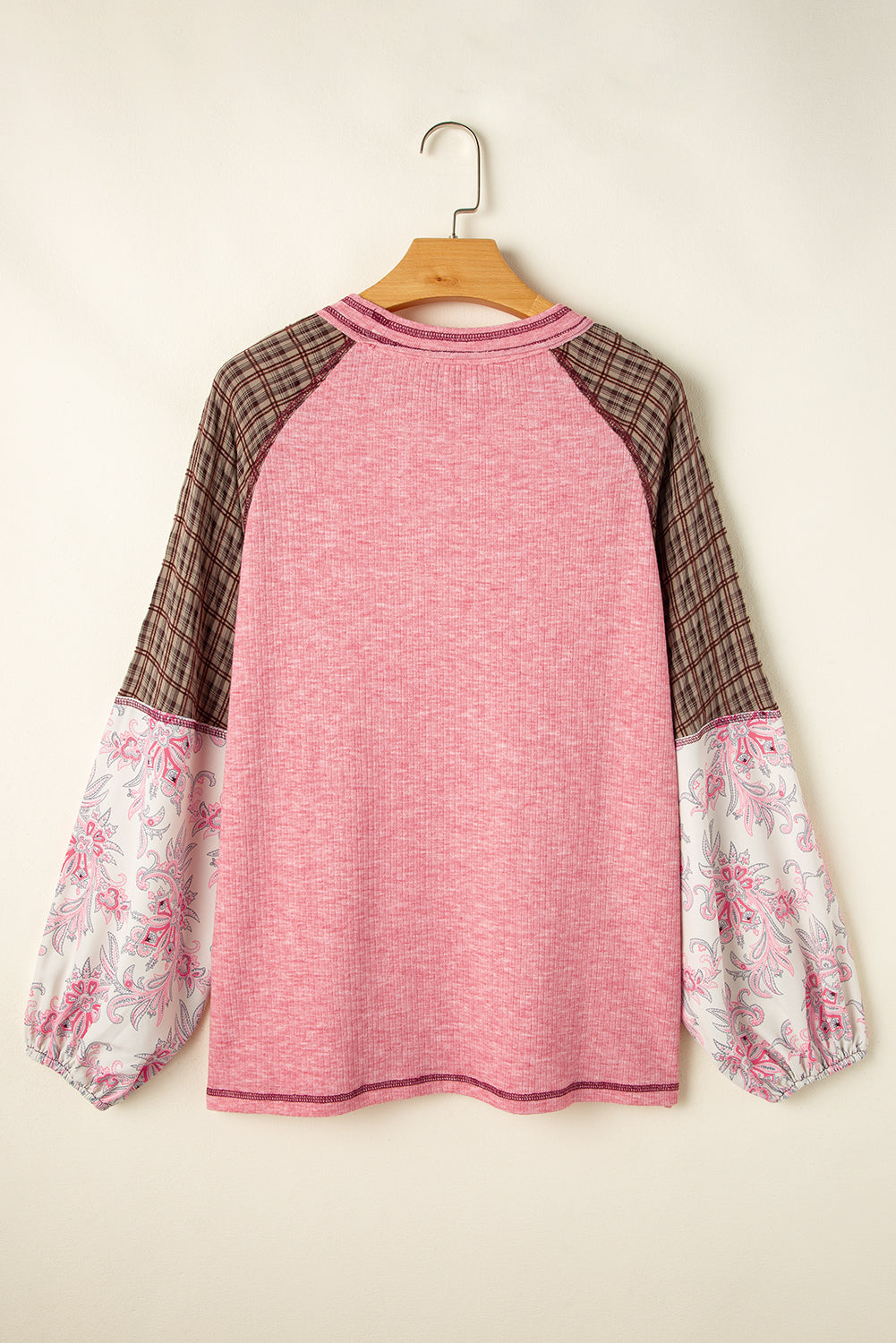 Mixed Print Patchwork Raglan Ribbed Knit Top