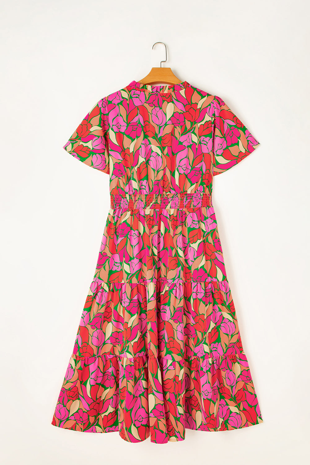 Pink Floral Short Sleeve Smocked Waist Maxi Dress