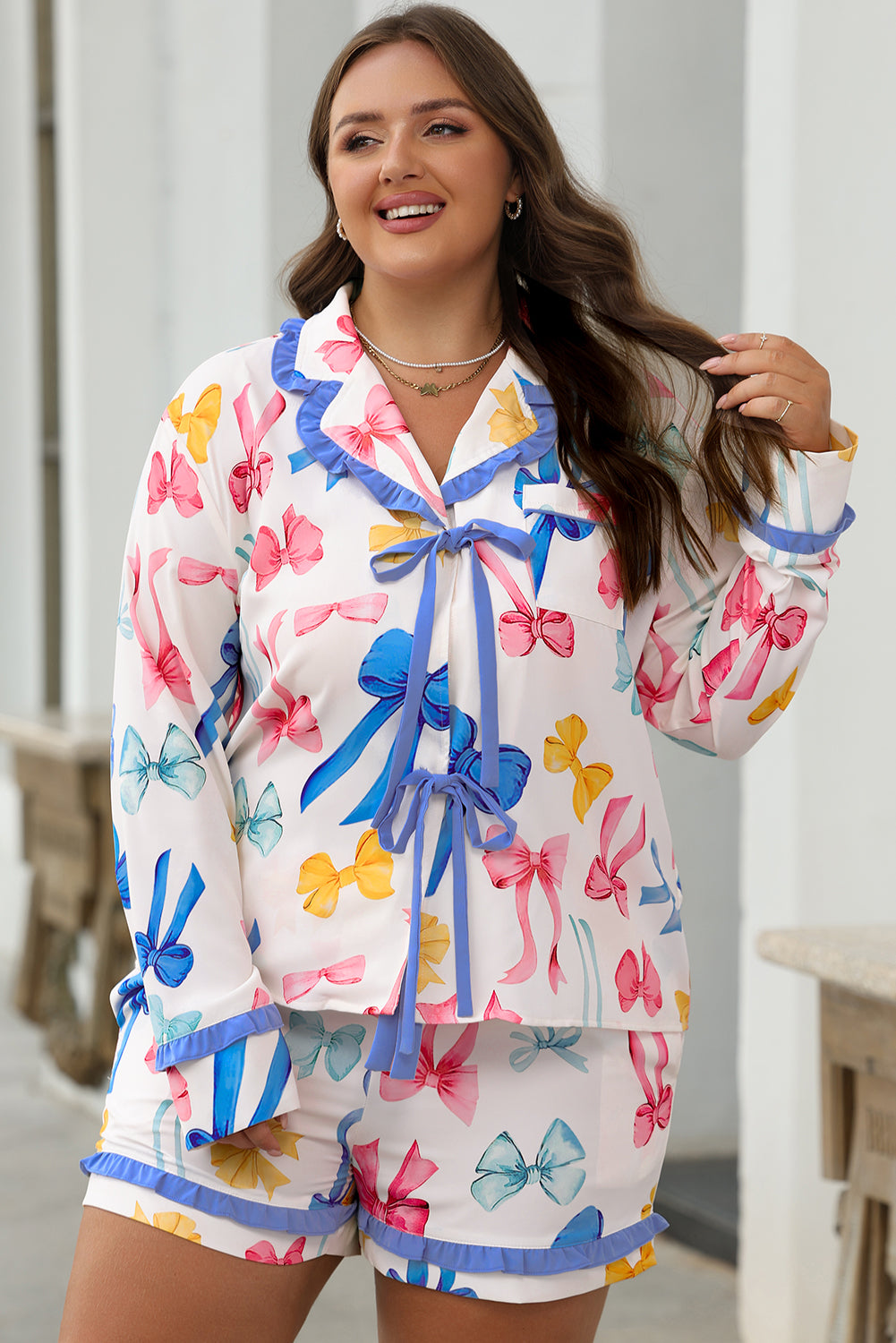 Bow Print Tied Ruffled Pajama Set