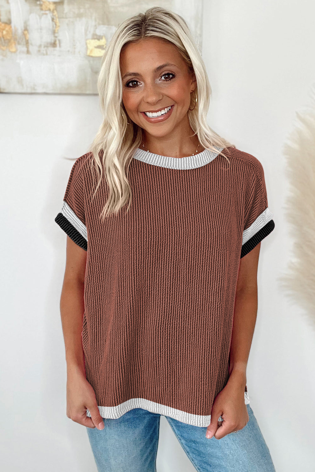 Light Pink Textured Contrast Trim Round Neck T Shirt