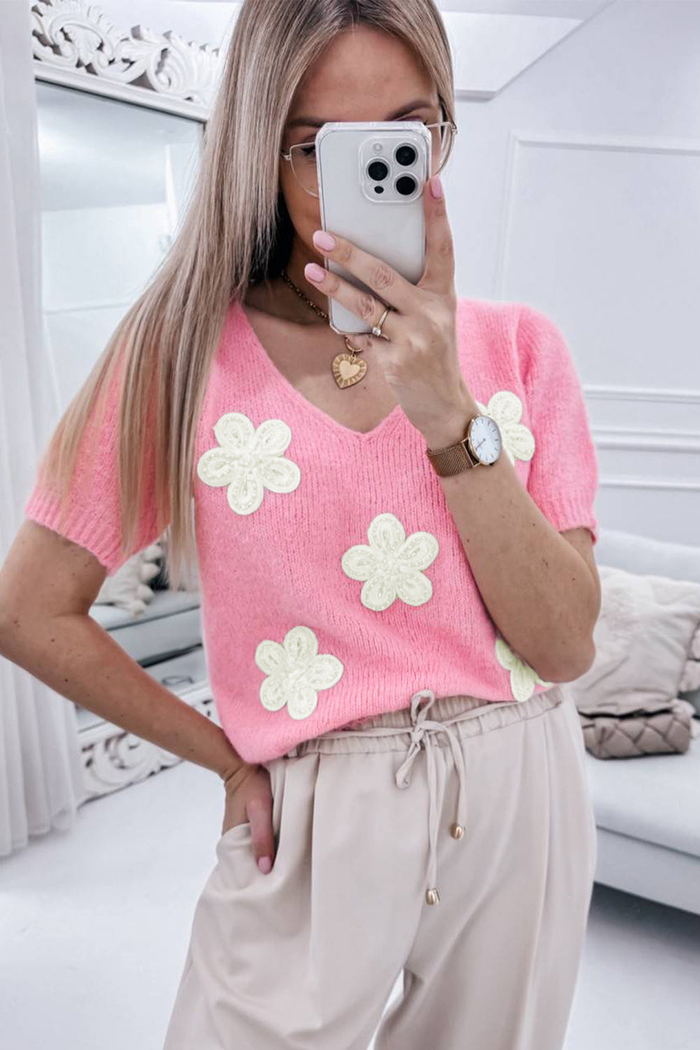 Flower Crochet V Neck Short Sleeve Sweater