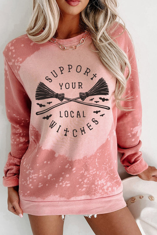 Support Your Local Witches Pink Bleached Crewneck Sweatshirt