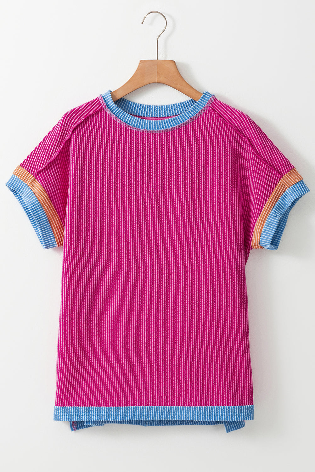 Light Pink Textured Contrast Trim Round Neck T Shirt