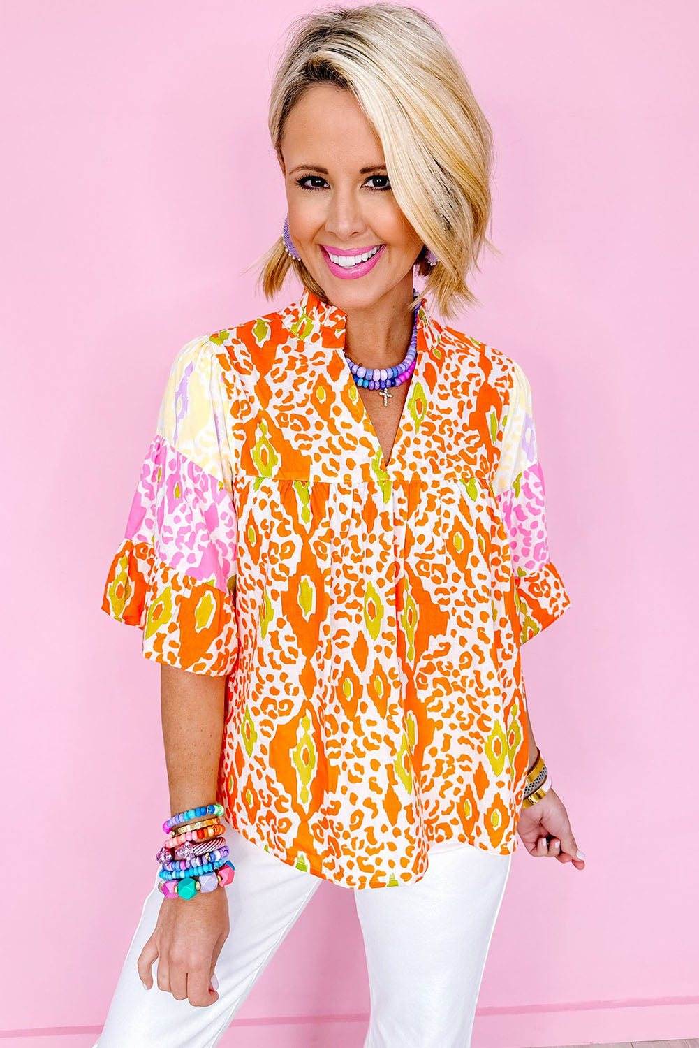 Orange Leopard Colorblock Puff Sleeve Split Neck Blouse