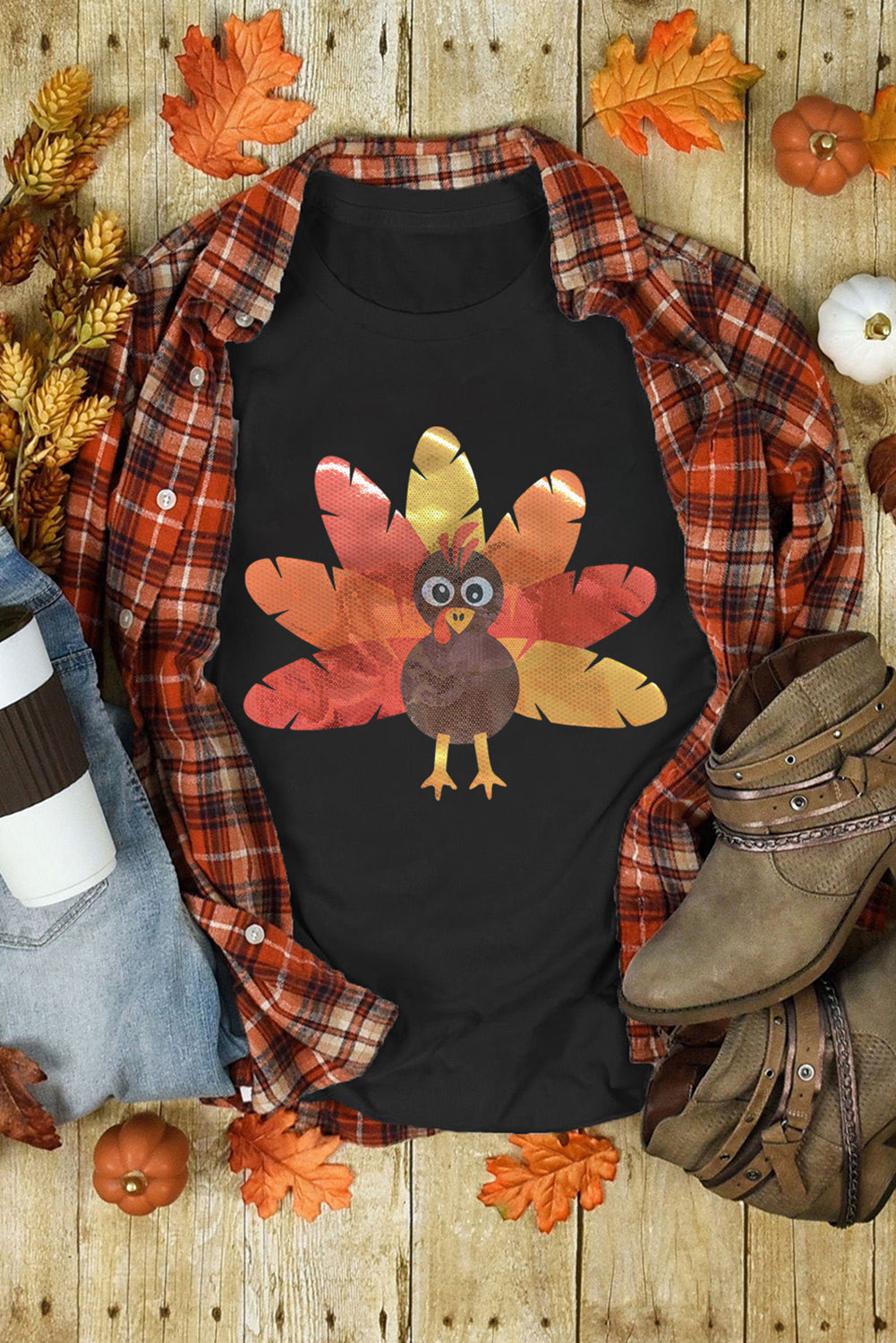 Leafy Turkey Graphic Crewneck Thanksgiving T Shirt