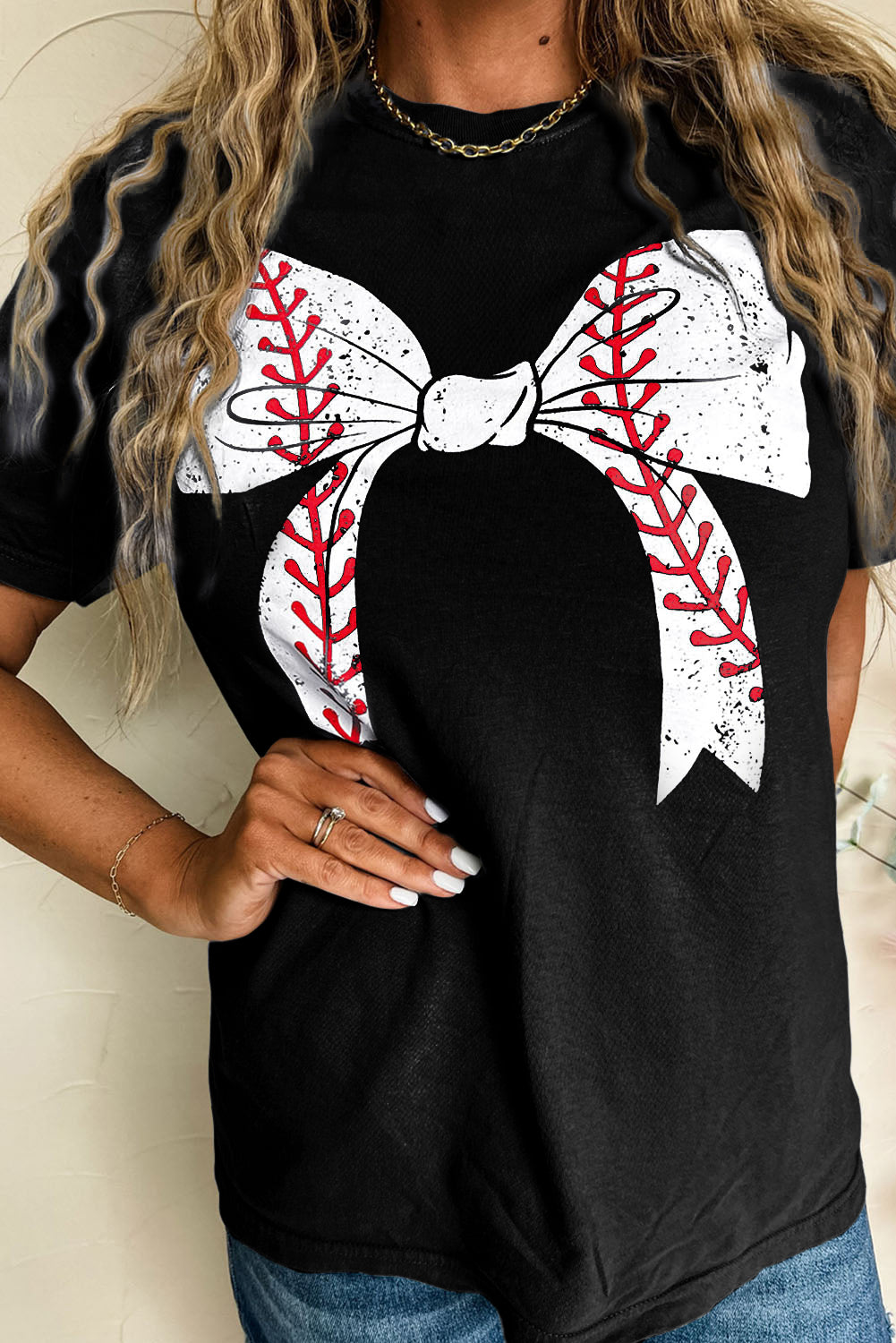 Gray Baseball Bowknot Graphic Casual Tee