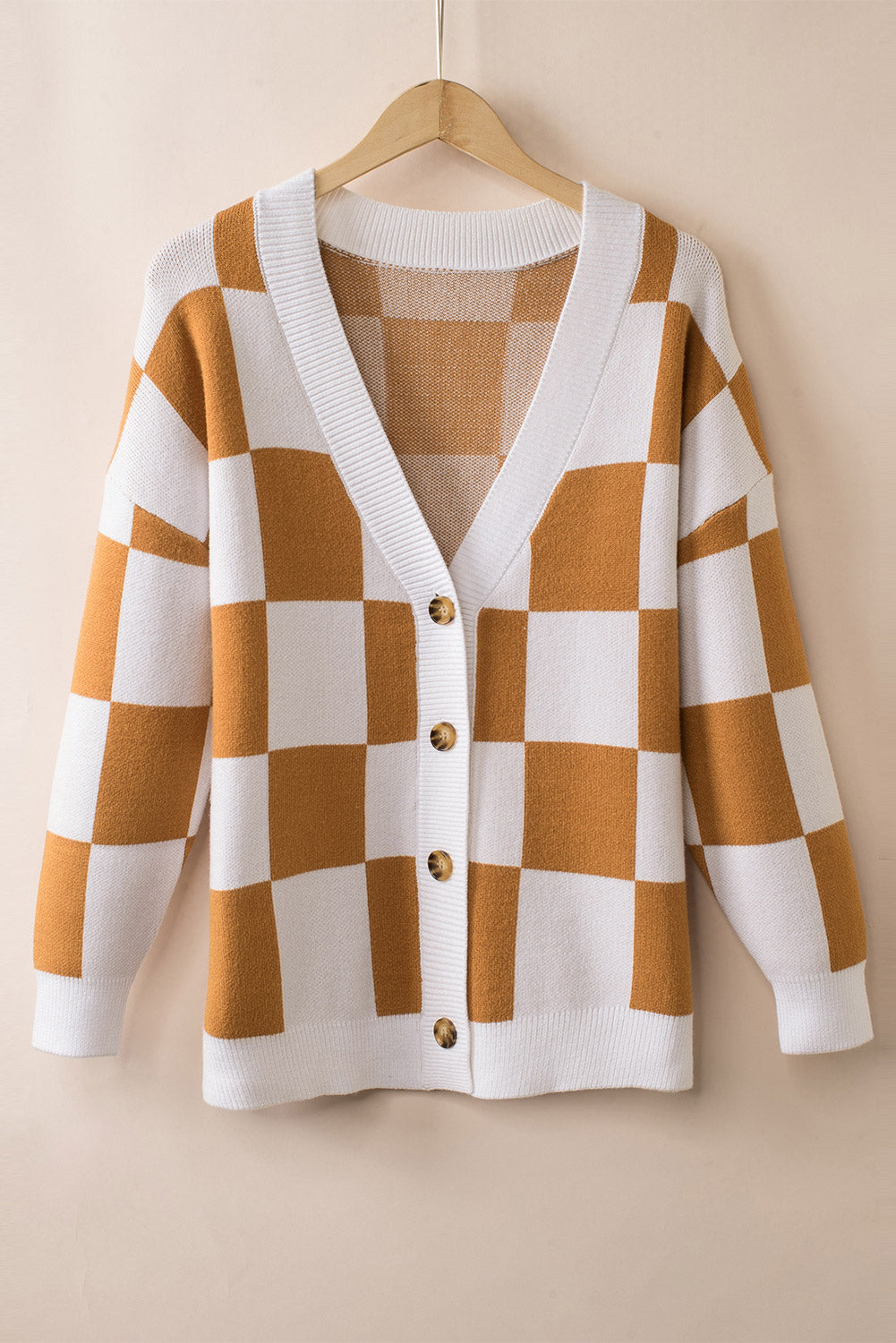 Checkered Print Button Up Sweater Cardigan