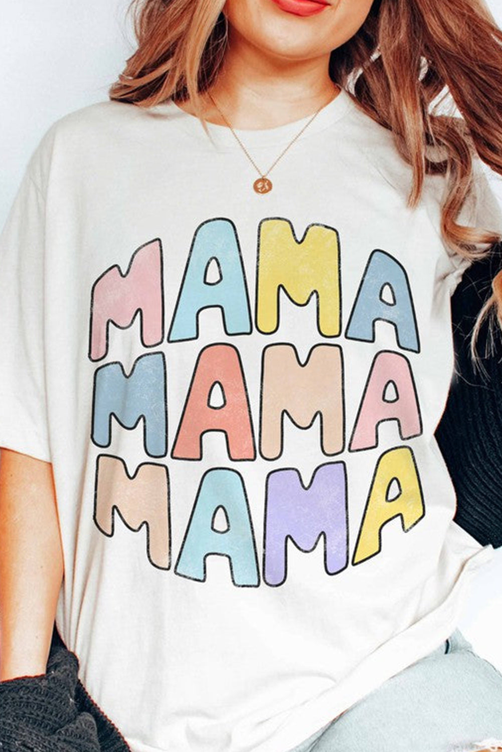 White MAMA Slogan Print Crew Neck Casual T Shirt