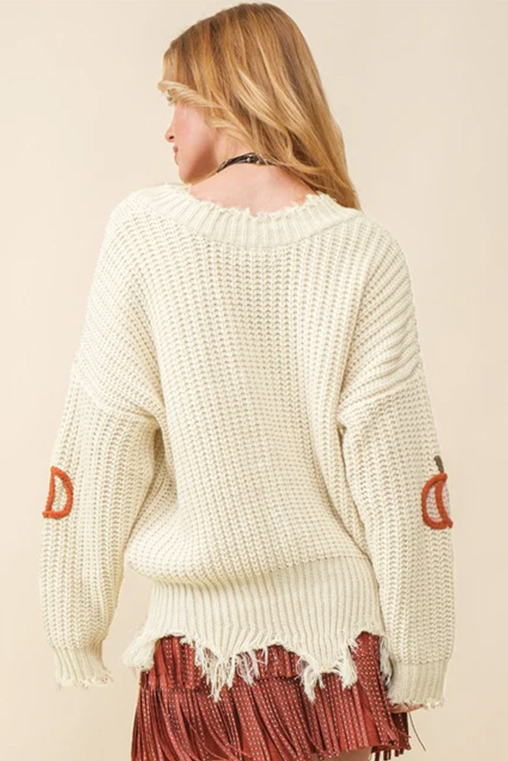 Cable Knit Pumpkin Raw Hem V Neck Loose Sweater