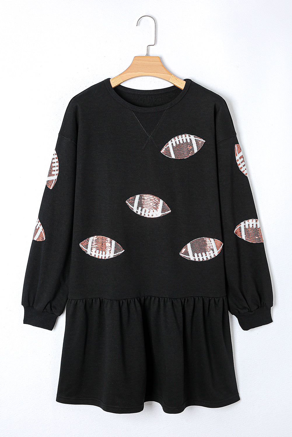 Black Game Day Sequin Football Pattern Ruffled Short Dress