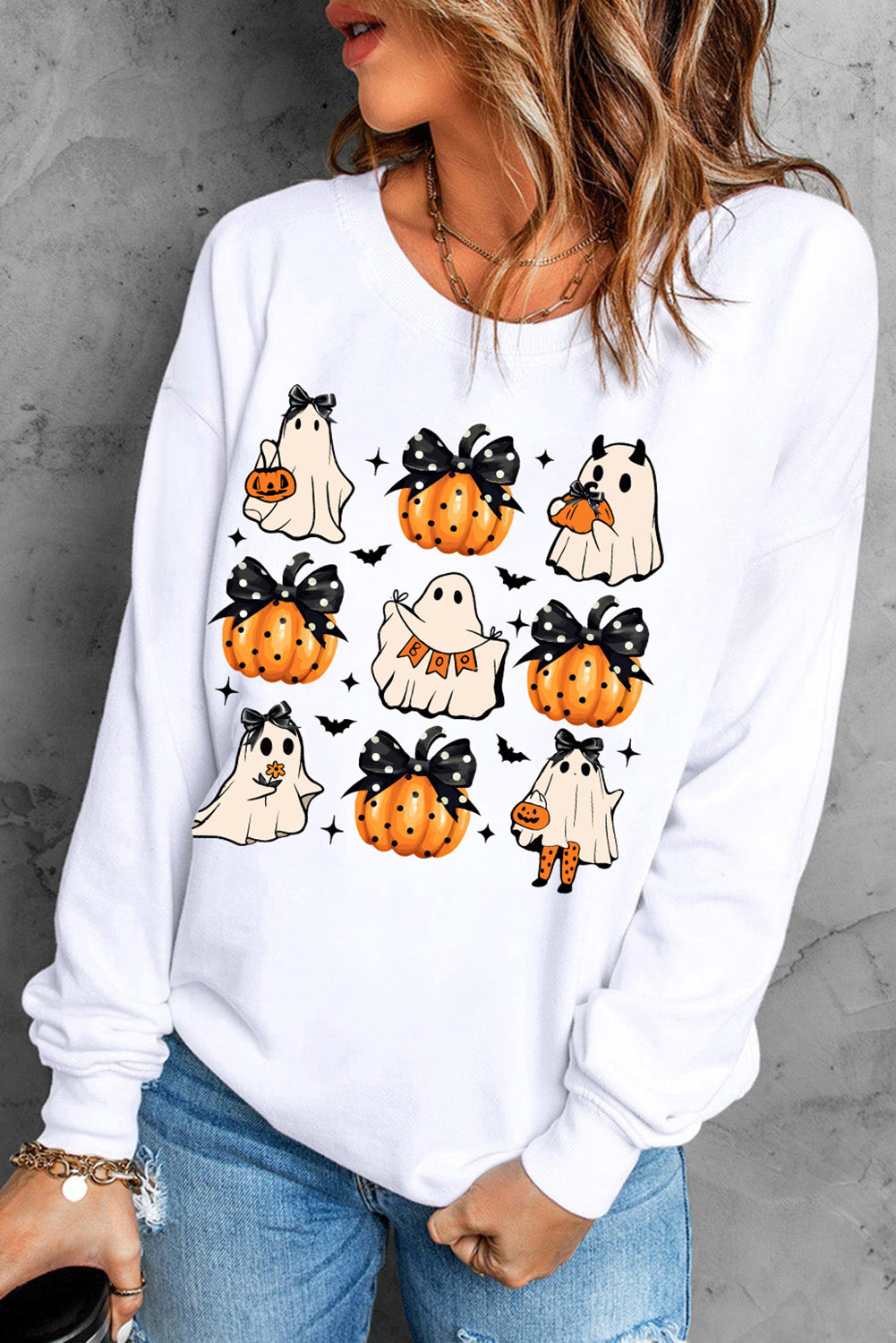 Halloween Ghost Pumpkin Print Crew Neck Sweatshirt