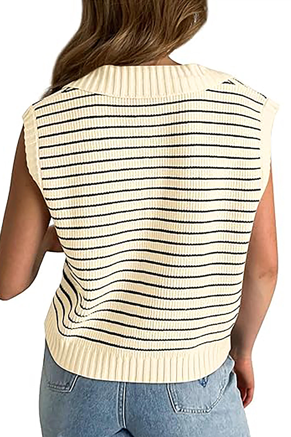 Beige Stripe Turn-down V Neck Sweater Tank Top