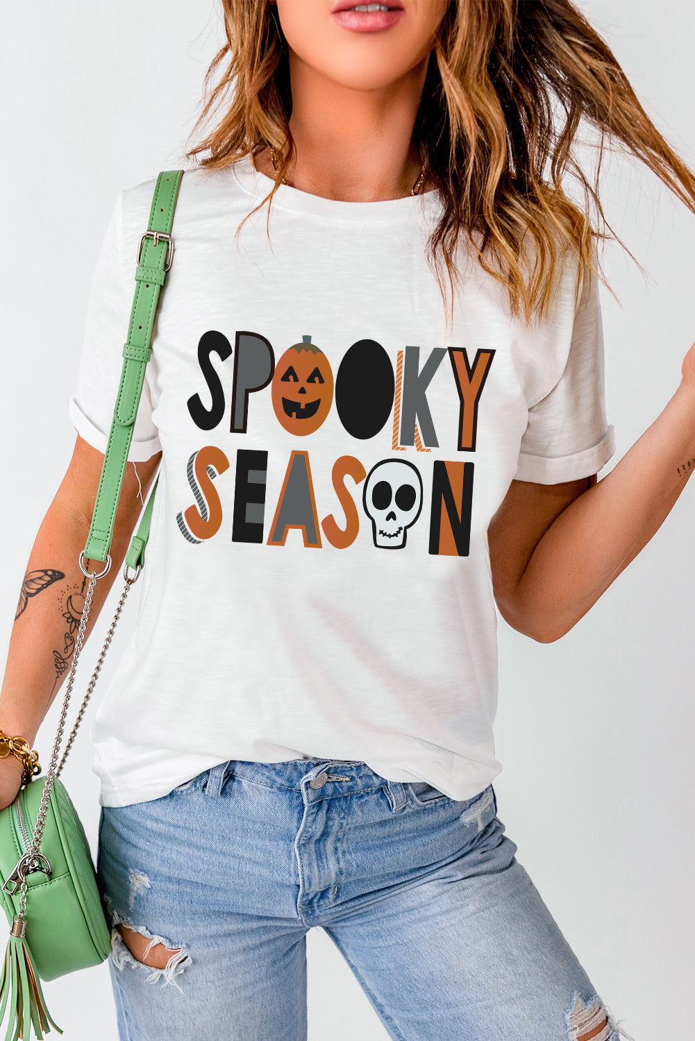 White Pumpkin Skull SPOOKY SEASON Printed Halloween T Shirt