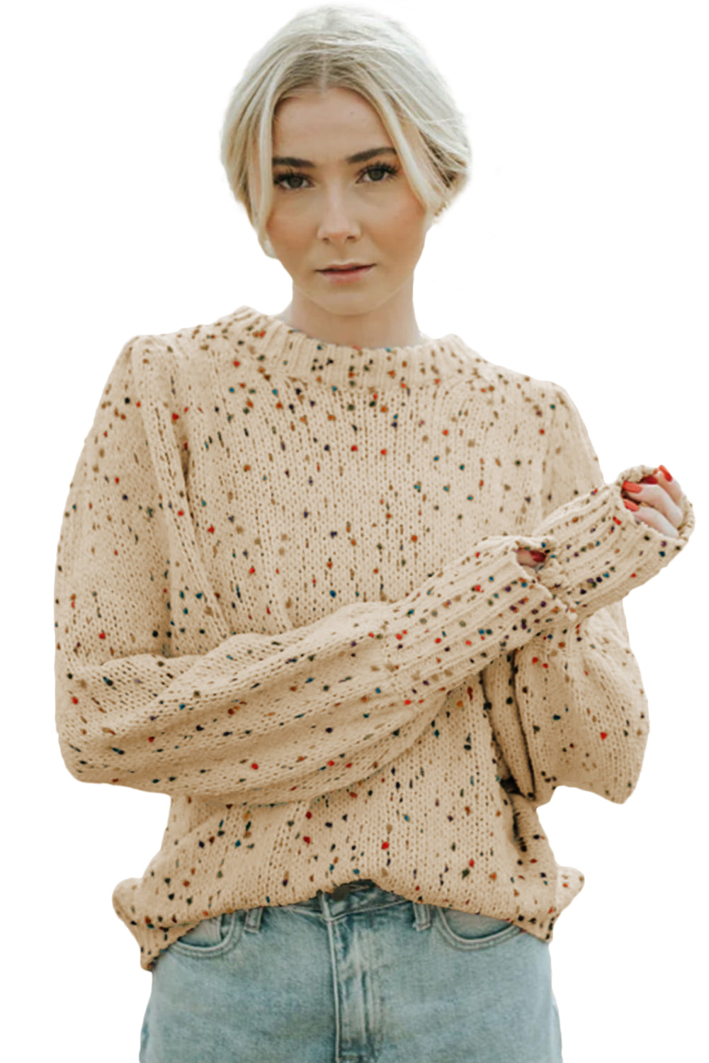 Beige Colorful Dots Cable Knit Crew Neck Sweater